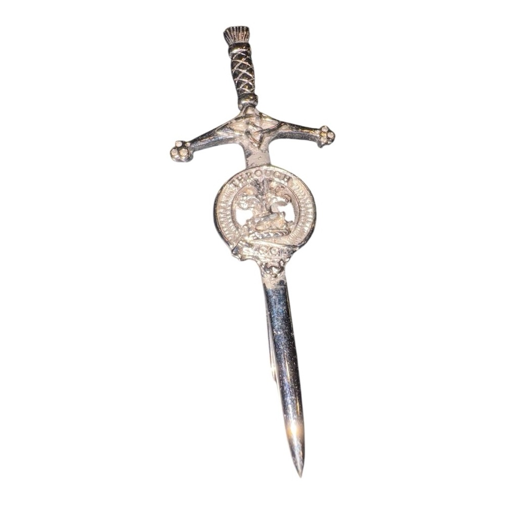 Vintage Sword Shaped Brooch Silver Tone Figure Emblem Pin J23